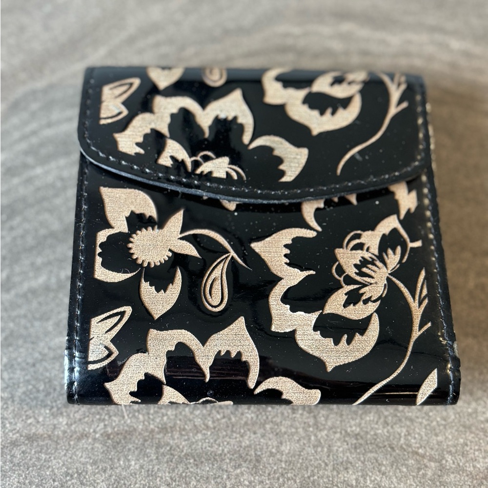 Black Floral Compact Wallet - Shimmery Cream Accent